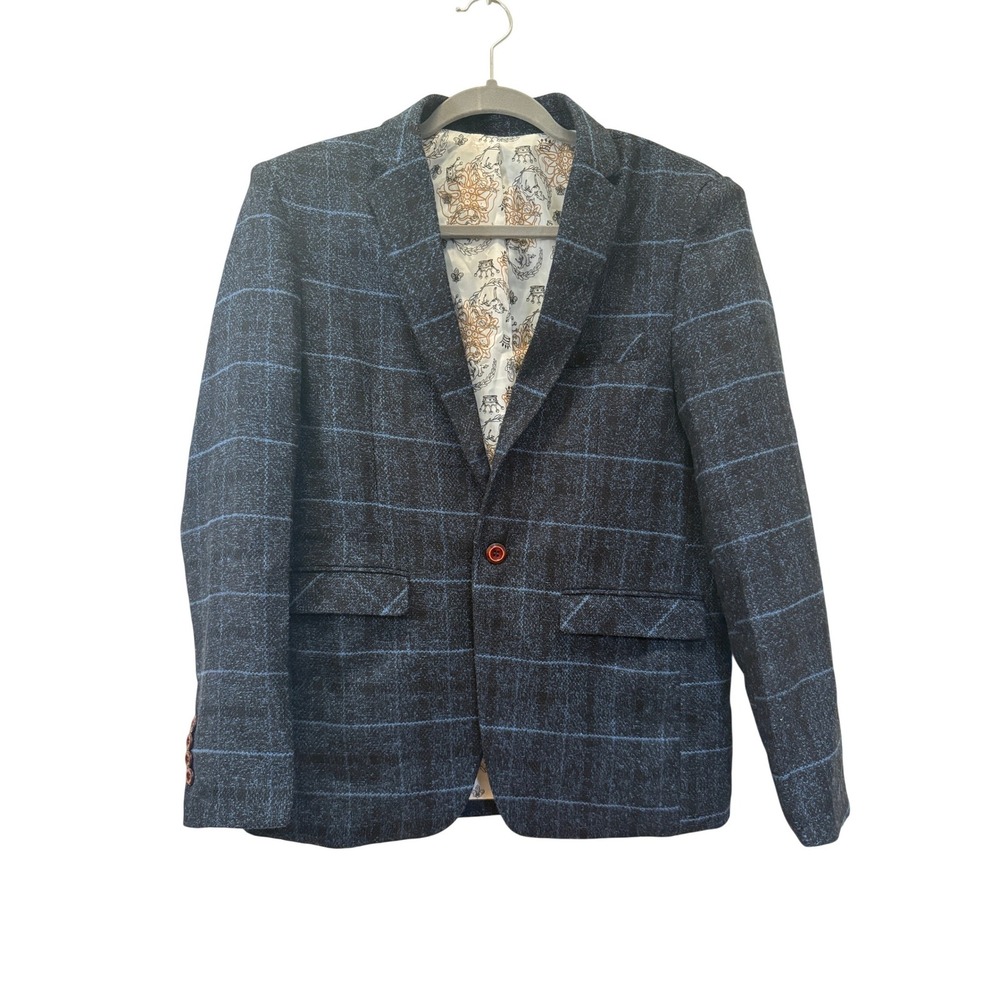 Windowpane Plaid Blazer Women Size L Blue Black Heraldic Lining READ